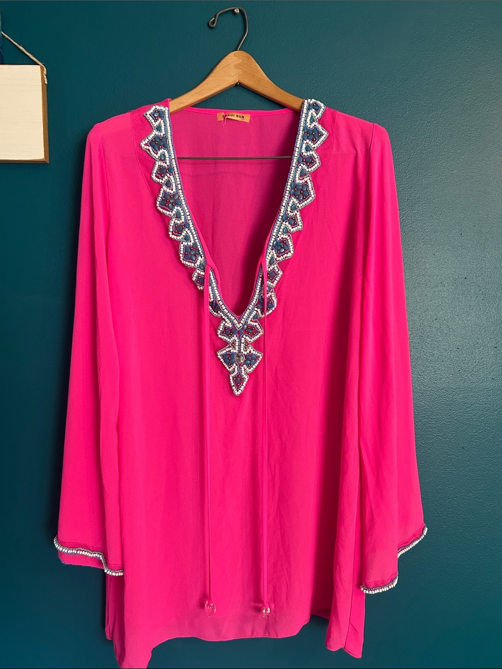 Maui Sun- Hot Pink Deep-V Beaded Women's Cover- Up Top